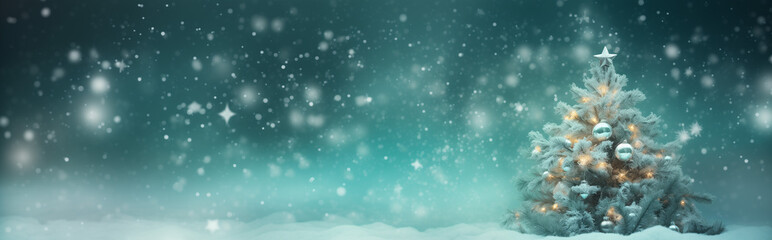 Winter panoramic background with snow, Christmas tree decorated with toys in snowfall, Christmas banner.