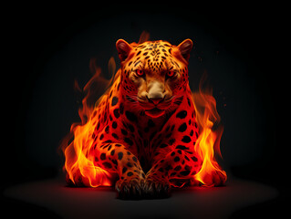 Jaguar in fire in black background