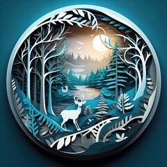 Experience the enchantment of a snowy scene in this artful digital Christmas card. Crafted in the style of paper sculptures, it showcases isolated landscapes in dark cyan and emerald.