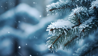 Winter with Macro fir tree branches covered with snow 
background - obrazy, fototapety, plakaty