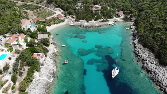 Korcula island landscape in Croatia. Paradise cove with white boats - Rasohatica bay of Korcula island.
