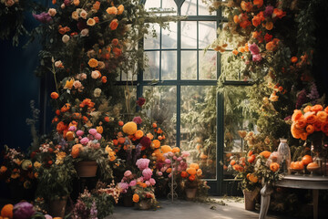 Dreamy imaginary fairy florist room - elegant greenhouse - flowers arrangments for interior decor - obrazy, fototapety, plakaty