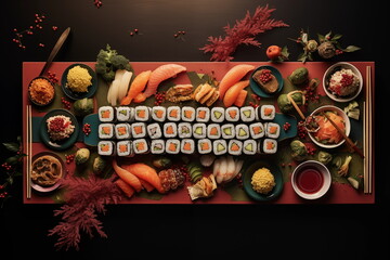 Sushi mix tray on wooden surface - top view