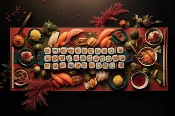Foto op Plexiglas Sushi mix tray on wooden surface - top view © Giorgia