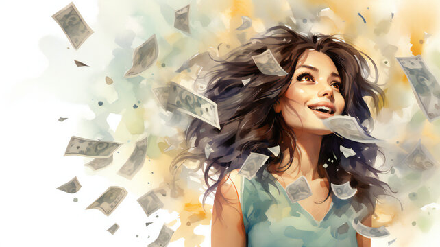 Winning a lottery, successful  concept. Smiling young woman, happy expression, mouth open of excitement. money banknotes flying in air around. watercolour style