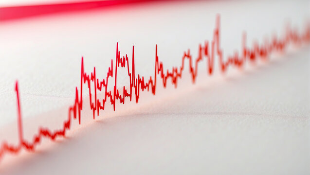 Red lines of cardiogram on light blurred background.