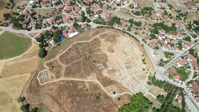 Aerial view of Alacahoyuk Archaeological Site in Corum. 4K Footage in Turkey