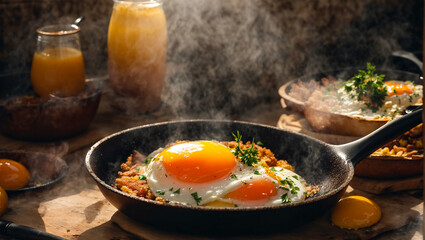 Appetizing fried eggs in a frying pan in the kitchen