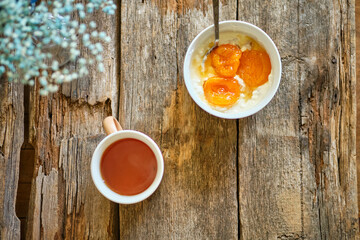 Homemade cottage cheese with cream and apricot jam