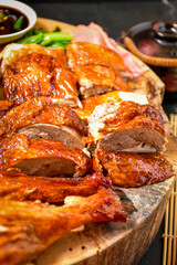 Roast duck Place on a wooden cutting board, asian food
