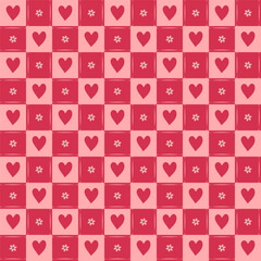 cute heart flower element Seamless red and pastel pink checkered pattern. Cartoon illustration, mat, cloth, textile, scarf, gift wrap