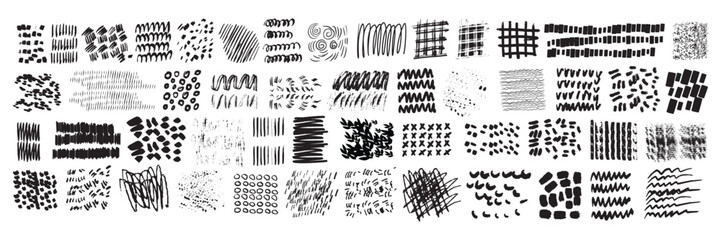 Hand drawn doddle texture set, vector circle pattern, curvy line ink pen, pencil wave scribble, dots. Grunge vintage organic shapes, simple geometric repeat stipe, paint strokes. Hatch doodle texture