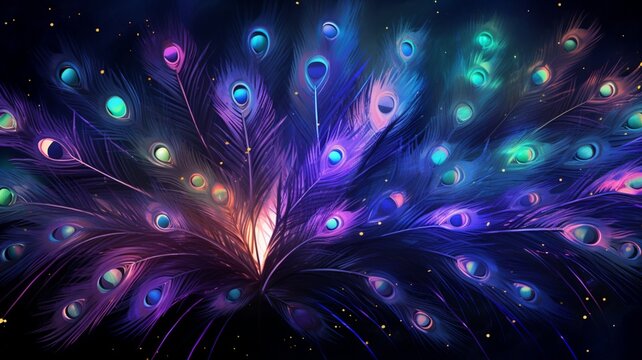 scene of iridescent fireworks creating a mesmerizing peacock tail in the sky, with each feather glistening with a different hue, capturing the elegance and grace of nature.