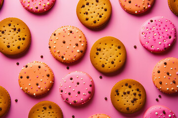 Obraz premium Many delicious cookies on pink background. Chocolate and glazed decorated cookies. Freshly baked with love. Cookies for you.