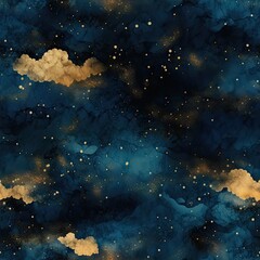Watercolor night sky. Seamless pattern with gold foil constellations, stars and clouds on dark blue background. Space, astronomical concept. Design for textile, fabric, paper, print	