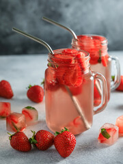 Strawberry drink with berries. No sugar tasty drink and healthy diet concept