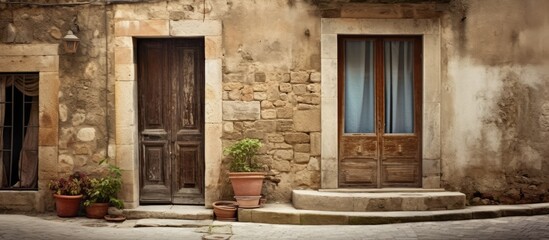 Fototapeta na wymiar In Italy the old stone house with its vintage windows and door showcases a beautiful blend of retro design and architectural charm standing tall on a picturesque street capturing the essence