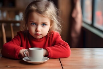 kid sitting drinking a cup of hot tea on the table