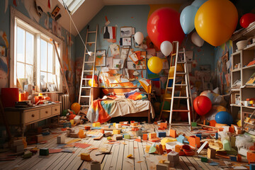 Big mess in the children room - obrazy, fototapety, plakaty