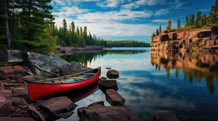 A red canoe rests on the rocky shore of a calm blue - obrazy, fototapety, plakaty