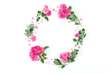 Floral frame made of pink roses with leaves on white background. Flat lay, Top view