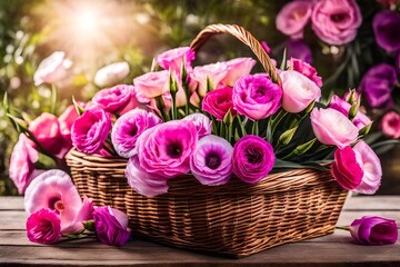 Fototapeta na wymiar Beautiful pink Eustoma flowers in wicker basket on wooden table outdoors. Bokeh effect