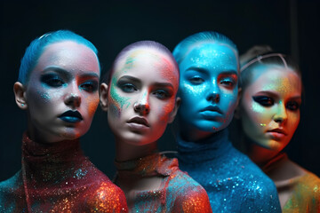 Obraz premium Portrait of four young beautiful women in futuristic costumes with makeup. Fashion of future concept.