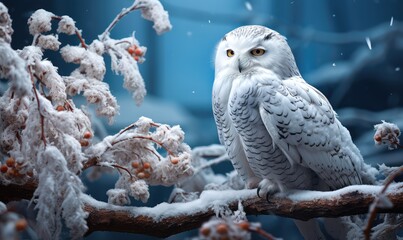 Biała sowa siedząca na gałęzi pokrytej śniegiem.  - obrazy, fototapety, plakaty