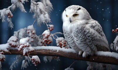  Biała sowa siedząca na gałęzi pokrytej śniegiem. - obrazy, fototapety, plakaty