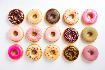 Many delicious donuts on white background. Chocolate and glazed decorated frosted doughnuts. Freshly baked with love. Donuts for you.