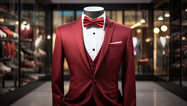 Elegancki bordowy garnitur na manekinie w sklepie. 