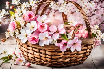 Fototapeta na wymiar Watercolor wooden basket with pink spring cherry blossom and almond flowers. Romantic floral bouquet in rustic style