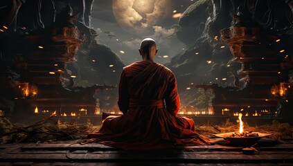 Mnich medytujący w świątyni. - obrazy, fototapety, plakaty