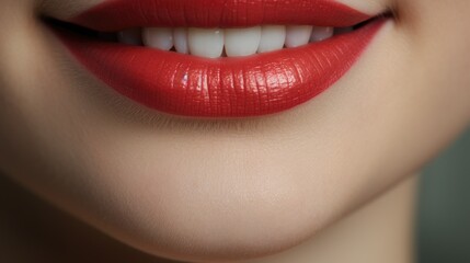 Obraz premium World Day of Smiles. Female seductive lips painted with red lipstick smiling.