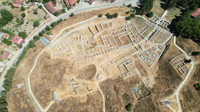 Aerial view of Alacahoyuk Archaeological Site in Corum. 4K Footage in Turkey