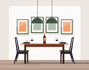 Empty dining room with table. Interior design dining room in flat style. Vector stock	
