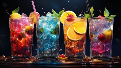 Kolorowe drinki z owocami i lodem  - obrazy, fototapety, plakaty