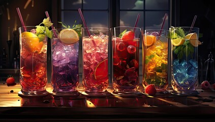 Kolorowe drinki z owocami i lodem  - obrazy, fototapety, plakaty