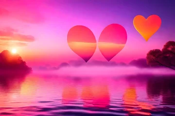 Schilderijen op glas A cloud of love. Futuristic abstract landscape, sky, purple, pink and orange neon, beautiful pink sunset, heart shape, magic. Cloud over water, heart bokeh light. 3D illustration. © amara
