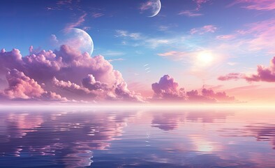 Fototapeta na wymiar Różowe niebo i chmury nad oceanem 