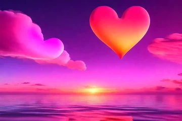 Cercles muraux Roze A cloud of love. Futuristic abstract landscape, sky, purple, pink and orange neon, beautiful pink sunset, heart shape, magic. Cloud over water, heart bokeh light. 3D illustration.