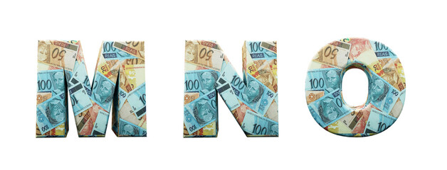Brazil money alphabet. Letters M, N, O,  formed with bills of 20, 50 and 100 reais. Font in 3d render isolated on white background, with clipping saved.