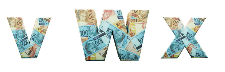 Brazil money alphabet. Letters V, W, X, formed with bills of 20, 50 and 100 reais. Font in 3d render isolated on white background, with clipping saved.