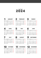 2024年のシンプルな年間カレンダー - 月曜始まり･12ヶ月･1年分の暦 - A4比率･縦