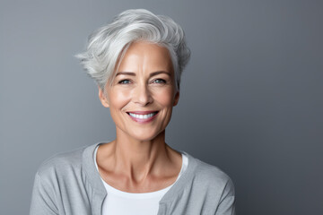 Adult woman with smooth healthy face skin. Beautiful aging mature woman with gray hair and happy smiling. Beauty and cosmetics skincare advertising concept  - obrazy, fototapety, plakaty