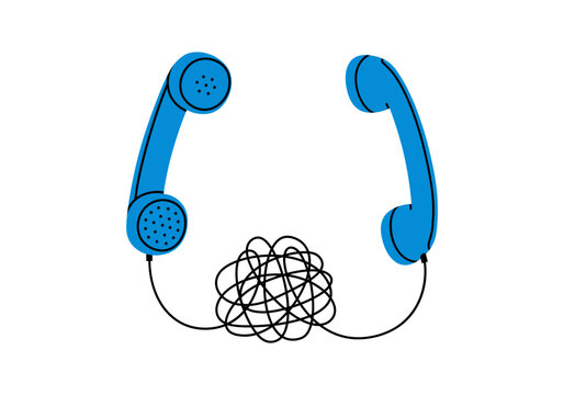 Hand Drawn Cute Illustration Of Two Retro Phone Handsets Connected By Tangled Wire. Flat Vector Old Telephone Receiver Sticker In Doodle Style. Difficult Conversation Icon. Misunderstanding. Isolated.