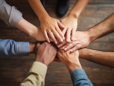 Top view of employee hand putting together. Teamwork and unity concept