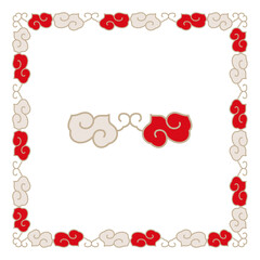 Frame border. Red white swirly curls corners. Square symmetrical design pattern. Abstract Art Deco Ornate Fancy Elegant Exquisite Intricately Detailed Ornament.