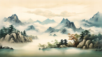Traditional oriental brush painting, Harmonious flow, Mountains, water, and pine in ink wash