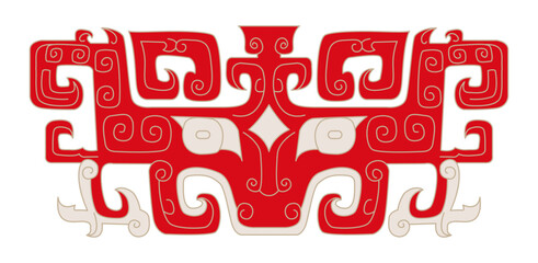 Red white symmetrical abstract design pattern. Curved lines shapes complex ornate art deco graphics.